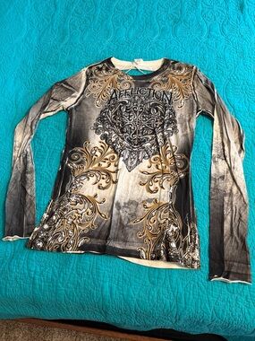 Affliction Long Sleeve Graphic Top in Brown and Gold Metallic